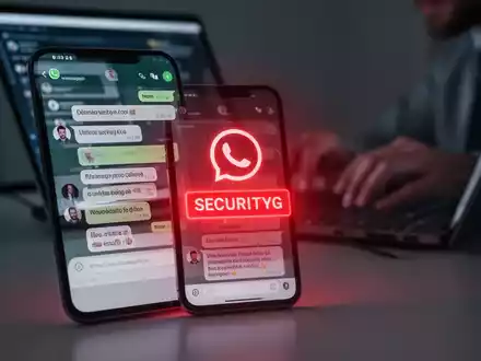 Ein Smartphone-Bildschirm mit einem WhatsApp-Chat und einer Sicherheitswarnung, im Hintergrund tippt eine Person auf einem Laptop. - Foto: über boerse-global.de