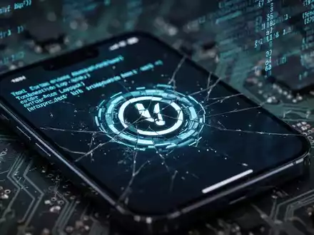 Ein Smartphone-Bildschirm zeigt eine digitale Fehlermeldung, die technische Probleme und eine Boot-Schleife symbolisiert. Der Hintergrund ist mit Leiterplattenelementen unscharf. - Foto: über boerse-global.de