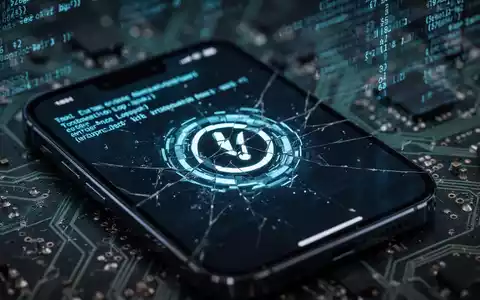Ein Smartphone-Bildschirm zeigt eine digitale Fehlermeldung, die technische Probleme und eine Boot-Schleife symbolisiert. Der Hintergrund ist mit Leiterplattenelementen unscharf. - Foto: über boerse-global.de