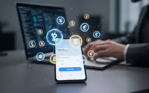Smartphone-Bildschirm mit Zahlungsschnittstelle und digitalen Währungssymbolen, im Hintergrund ein Entwickler am Laptop. - Foto: über boerse-global.de
