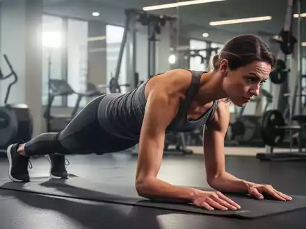 Eine Person macht eine Plank-Übung auf einer Yogamatte in einem modernen Fitnessstudio, die Rumpfkraft demonstriert. - Foto: über boerse-global.de