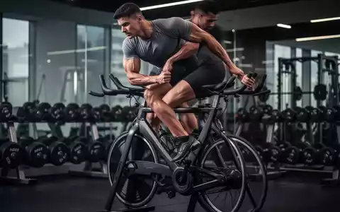 Ein Radfahrer trainiert auf einem Ergometer in einem Fitnessstudio, dessen Beine muskulös und angespannt sind. - Foto: über boerse-global.de