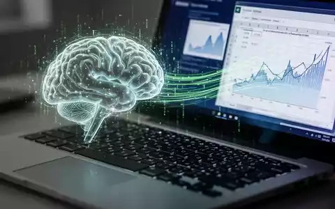 Glühende KI-Gehirnschnittstelle über Laptop-Tastatur mit Datenströmen zu holografischer Excel-Tabelle. - Foto: über boerse-global.de
