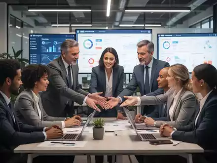 Professionelle Szene mit HR-Experten, die in einem modernen Büro zusammenarbeiten, Bildschirme zeigen HR-Dashboards. - Foto: über boerse-global.de