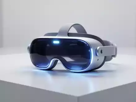 Ein Apple Vision Pro Mixed-Reality-Headset liegt auf einer sauberen weißen Oberfläche, umgeben von einem sanften blauen Leuchten. - Foto: über boerse-global.de