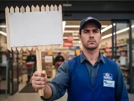 Ein Nahaufnahme eines Streikschildes, das von einem Einzelhandelsmitarbeiter vor einem Supermarkteingang gehalten wird. - Foto: über boerse-global.de