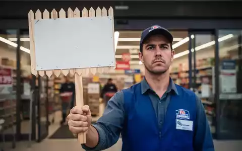 Ein Nahaufnahme eines Streikschildes, das von einem Einzelhandelsmitarbeiter vor einem Supermarkteingang gehalten wird. - Foto: über boerse-global.de