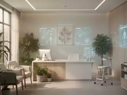 Ein ruhiges, modernes Arztpraxisinterieur mit Pflanzen und subtilen digitalen Schnittstellen, das die Verbindung von Schulmedizin und Naturheilkunde symbolisiert. - Foto: über boerse-global.de