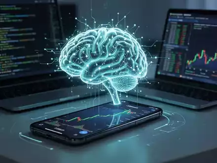 Stilisierte KI-Netzwerk-Ikone auf Smartphone mit Finanz-App und Laptop mit Code, symbolisiert KI-Integration. - Foto: über boerse-global.de