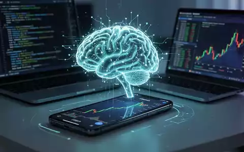 Stilisierte KI-Netzwerk-Ikone auf Smartphone mit Finanz-App und Laptop mit Code, symbolisiert KI-Integration. - Foto: über boerse-global.de