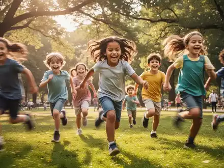 Glückliche Kinder rennen und spielen draußen in einem Park, symbolisierend Bewegung und psychische Gesundheit. - Foto: über boerse-global.de