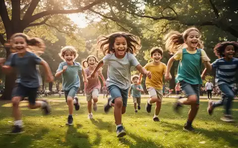 Glückliche Kinder rennen und spielen draußen in einem Park, symbolisierend Bewegung und psychische Gesundheit. - Foto: über boerse-global.de