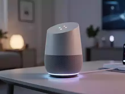 Ein eleganter, moderner Google Home-Lautsprecher in einem minimalistischen Smart Home, der sein Design und dezente Ambientebeleuchtung zeigt. - Foto: über boerse-global.de