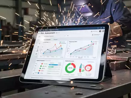 Nahaufnahme eines Tablets, das eine digitale Gefährdungsbeurteilung anzeigt, mit verschwommenem Metallbau-Hintergrund. - Foto: über boerse-global.de