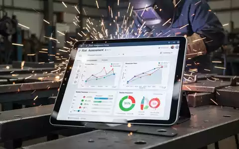 Nahaufnahme eines Tablets, das eine digitale Gefährdungsbeurteilung anzeigt, mit verschwommenem Metallbau-Hintergrund. - Foto: über boerse-global.de