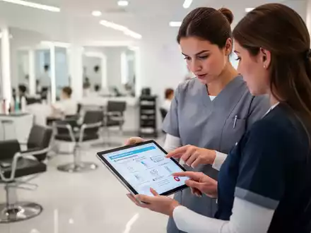 Zwei Personen in einem modernen Friseursalon oder Kosmetikstudio überprüfen digitale Sicherheitsanweisungen auf einem Tablet. - Foto: über boerse-global.de