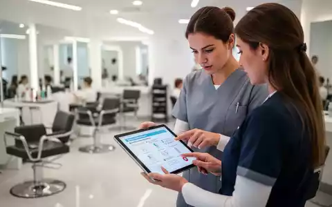Zwei Personen in einem modernen Friseursalon oder Kosmetikstudio überprüfen digitale Sicherheitsanweisungen auf einem Tablet. - Foto: über boerse-global.de
