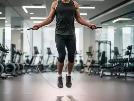 Eine Person springt Seil und führt Double Unders aus, mit unscharfem Seil in einer hellen Fitnessumgebung. - Foto: über boerse-global.de