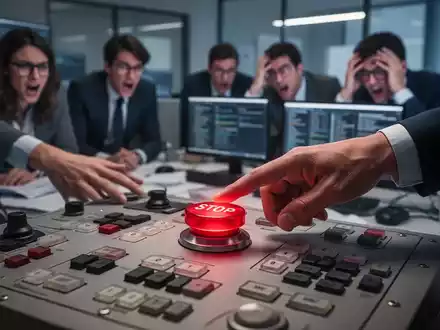 Eine Hand drückt einen roten Stopp-Knopf, im Hintergrund verschwommene, gestresste Büroangestellte an Computern. - Foto: über boerse-global.de