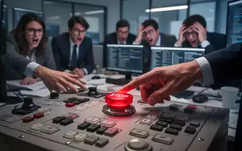 Eine Hand drückt einen roten Stopp-Knopf, im Hintergrund verschwommene, gestresste Büroangestellte an Computern. - Foto: über boerse-global.de