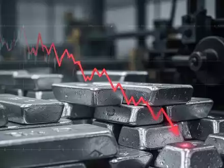 Ein stark fallender Aktienchart vor einem unscharfen Hintergrund aus Metallbarren und Industriemaschinen, der einen Wertverlust symbolisiert. - Foto: über boerse-global.de