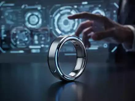 Schlanker silberner Smart-Ring mit blauen Akzenten auf dunkler Oberfläche, verschwommene Hand interagiert im Hintergrund mit holografischem Interface. - Foto: über boerse-global.de