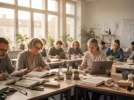 Eine Gruppe von Erwachsenen studiert in einem modernen, hellen Klassenzimmer in Berlin. Bücher und Laptops sind auf Tischen verteilt. - Foto: über boerse-global.de
