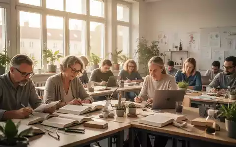 Eine Gruppe von Erwachsenen studiert in einem modernen, hellen Klassenzimmer in Berlin. Bücher und Laptops sind auf Tischen verteilt. - Foto: über boerse-global.de