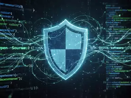 Abstrakte Visualisierung von Cybersicherheit mit leuchtenden Codezeilen und einem stilisierten Schildsymbol für Datenschutz. - Foto: über boerse-global.de