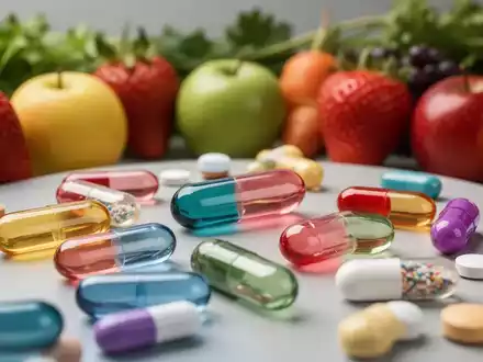 Nahaufnahme von bunten Mikronährstoffkapseln und Nahrungsergänzungsmitteln, umgeben von frischem Obst und Gemüse, die Gesundheit und Stoffwechsel symbolisieren. - Foto: über boerse-global.de