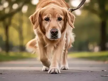 Ein alternder Golden Retriever oder Labrador geht an der Leine, der Fokus liegt auf seinen Vorderpfoten und seinem Gangbild. Der Hintergrund ist unscharf. - Foto: über boerse-global.de