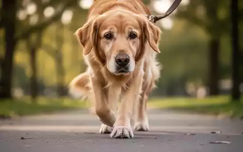Ein alternder Golden Retriever oder Labrador geht an der Leine, der Fokus liegt auf seinen Vorderpfoten und seinem Gangbild. Der Hintergrund ist unscharf. - Foto: über boerse-global.de