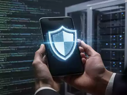Eine Hand hält ein Smartphone, auf dessen Bildschirm ein leuchtendes digitales Schildsymbol für Datenschutz erscheint. - Foto: über boerse-global.de