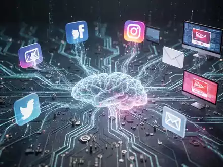 Stilisierte neuronale Netzstruktur mit leuchtenden Verbindungen, die KI und Datenfluss darstellt, integriert mit abstrakten Marketing-Kanal-Icons. - Foto: über boerse-global.de