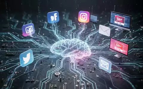 Stilisierte neuronale Netzstruktur mit leuchtenden Verbindungen, die KI und Datenfluss darstellt, integriert mit abstrakten Marketing-Kanal-Icons. - Foto: über boerse-global.de