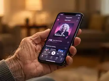 Eine ältere Hand hält ein Smartphone, das eine Musik-App anzeigt, in einer häuslichen Umgebung. - Foto: über boerse-global.de