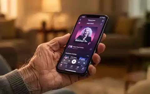 Eine ältere Hand hält ein Smartphone, das eine Musik-App anzeigt, in einer häuslichen Umgebung. - Foto: über boerse-global.de