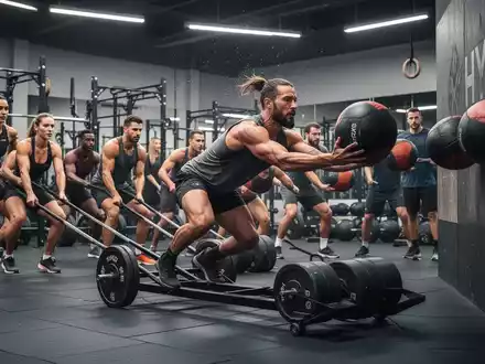 Eine Gruppe von Sportlern beim HYROX-Training in einem modernen Fitnessstudio, das funktionelle Übungen wie Schlitten-Drücken durchführt. - Foto: über boerse-global.de