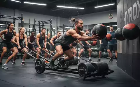Eine Gruppe von Sportlern beim HYROX-Training in einem modernen Fitnessstudio, das funktionelle Übungen wie Schlitten-Drücken durchführt. - Foto: über boerse-global.de
