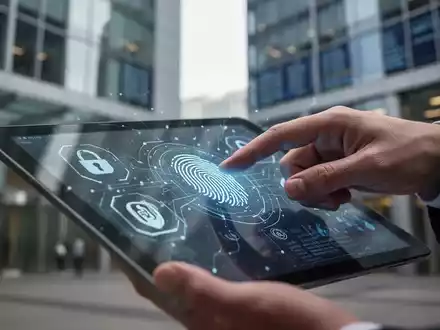 Eine Hand interagiert mit einem digitalen Tablet, das biometrische Sicherheitssymbole zeigt, symbolisiert Bankkundenschutz in einer digitalen Umgebung. - Foto: über boerse-global.de