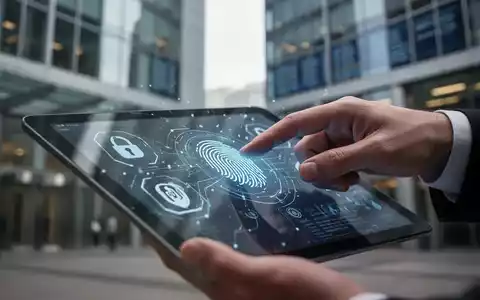 Eine Hand interagiert mit einem digitalen Tablet, das biometrische Sicherheitssymbole zeigt, symbolisiert Bankkundenschutz in einer digitalen Umgebung. - Foto: über boerse-global.de