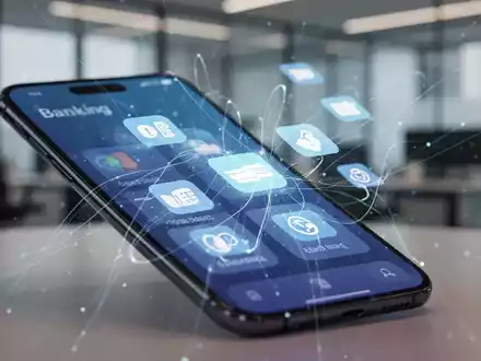 Nahaufnahme eines Smartphones mit einer Banking-App-Oberfläche und digitalen Zahlungssymbolen, die Konnektivität und Datenfluss darstellen. - Foto: über boerse-global.de