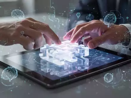 Eine Person interagiert mit einer leuchtenden 3D-Puzzle-App auf einem Tablet, umgeben von digitalen Elementen, die kognitive Stimulation darstellen. - Foto: über boerse-global.de