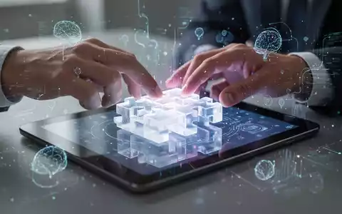 Eine Person interagiert mit einer leuchtenden 3D-Puzzle-App auf einem Tablet, umgeben von digitalen Elementen, die kognitive Stimulation darstellen. - Foto: über boerse-global.de