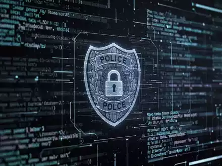 Nahaufnahme einer dunklen, hochtechnologischen digitalen Benutzeroberfläche mit Code oder Datenströmen und einem Polizeiemblem. - Foto: über boerse-global.de