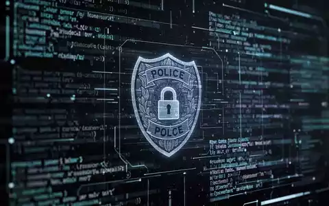 Nahaufnahme einer dunklen, hochtechnologischen digitalen Benutzeroberfläche mit Code oder Datenströmen und einem Polizeiemblem. - Foto: über boerse-global.de