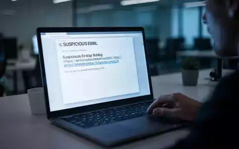 Laptop-Bildschirm zeigt verdächtige E-Mail mit Phishing-Link. Verschwommene Hand greift nach der Maus. - Foto: über boerse-global.de