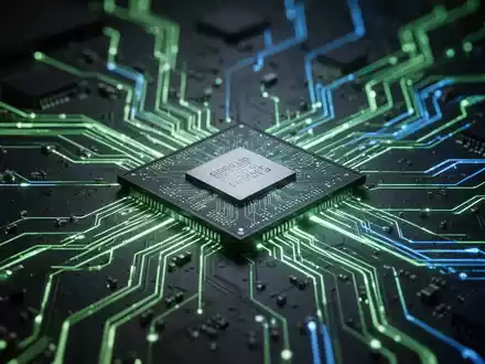 Leuchtende Platine mit zentraler Recheneinheit, Symbol für technologischen Fortschritt und Datenverarbeitung. - Foto: über boerse-global.de