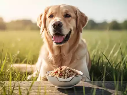 Ein gesunder, glücklicher Hund in einer natürlichen Umgebung, mit einer Schale fermentierter Nahrungsergänzung im Vordergrund. - Foto: über boerse-global.de