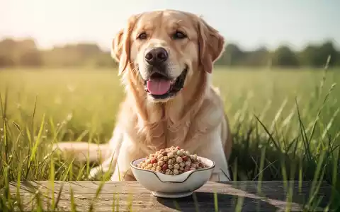 Ein gesunder, glücklicher Hund in einer natürlichen Umgebung, mit einer Schale fermentierter Nahrungsergänzung im Vordergrund. - Foto: über boerse-global.de